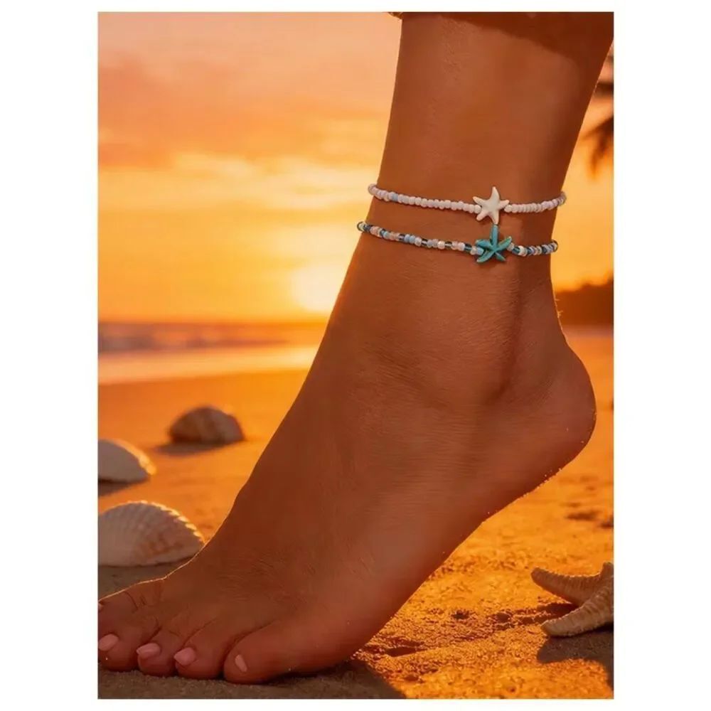 NWT Bohemian Beach Vibe Anklets Glass Beads Artificial Starfish Pendants